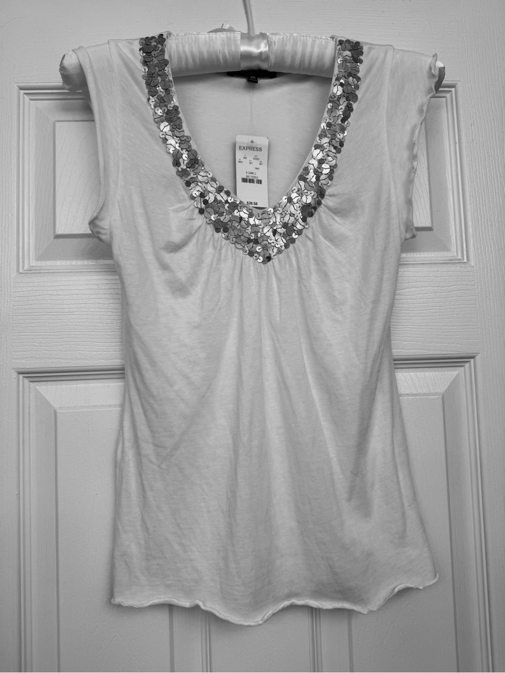 Express White V-Neck Short Sleeve Tee with Sequin Trim NWT
